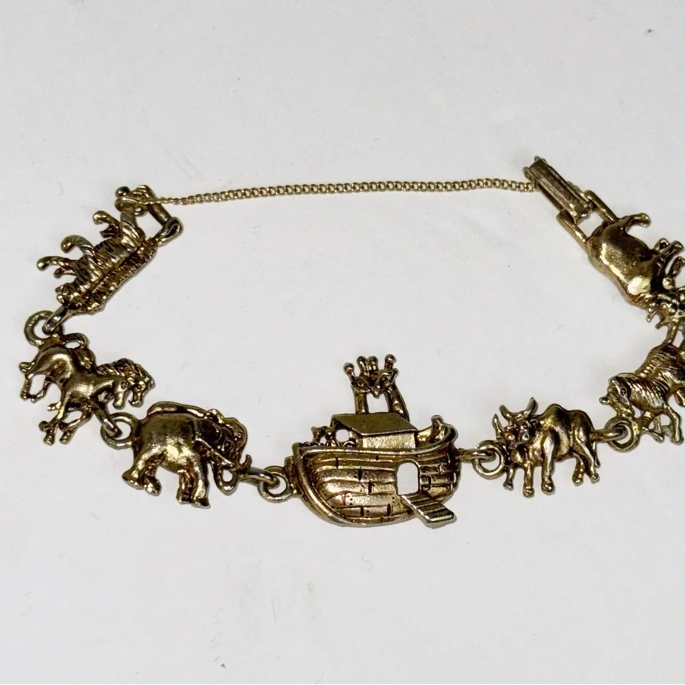 Noah’s Ark Baby Bracelet Gold Plated Safety Chain Bible Animals Old Testament